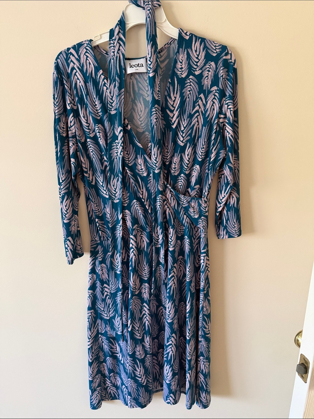 Leota Teal & Blush Feather-Print Wrap Dress